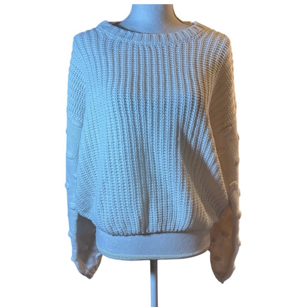 moon & madison Anthropologie White chunky Knit Balloon Pom Pom Sleeve Sweater 🆕
